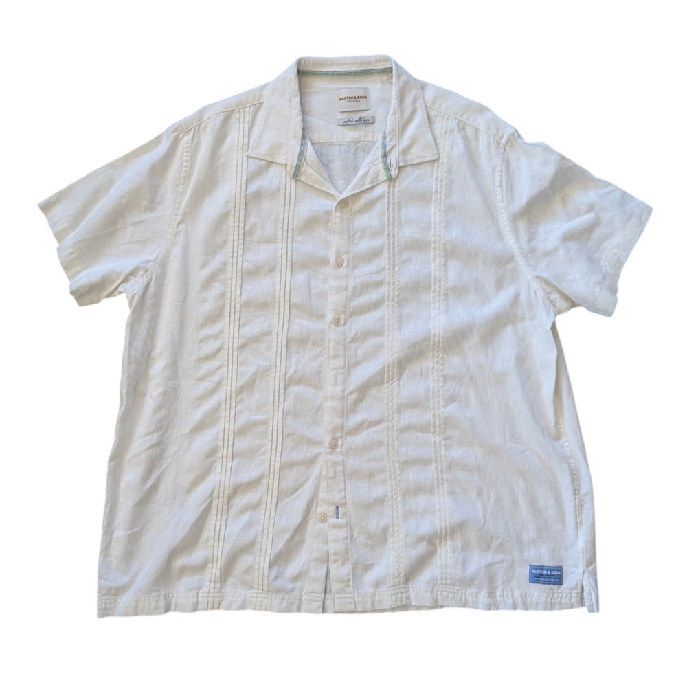 Scotch & Soda Shirt‎ Mens XXL White Guayabera Short Sleeve Linen Blend Pintuck